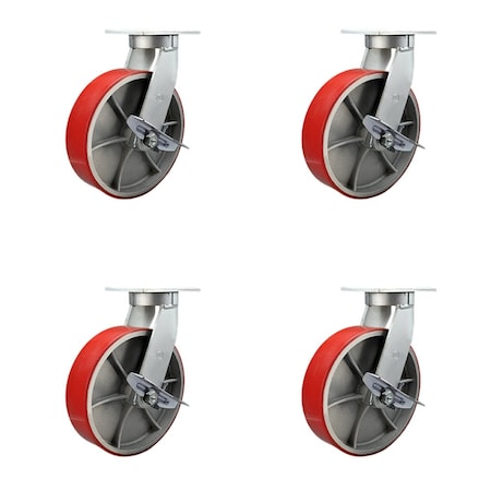 Service Caster 10'' Heavy Duty Red Poly on Cast Iron Caster Set with Brake and Swivel Lock, 4PK CRAN-SCC-KP92S1030-PUR-RS-SLB-BSL-4
